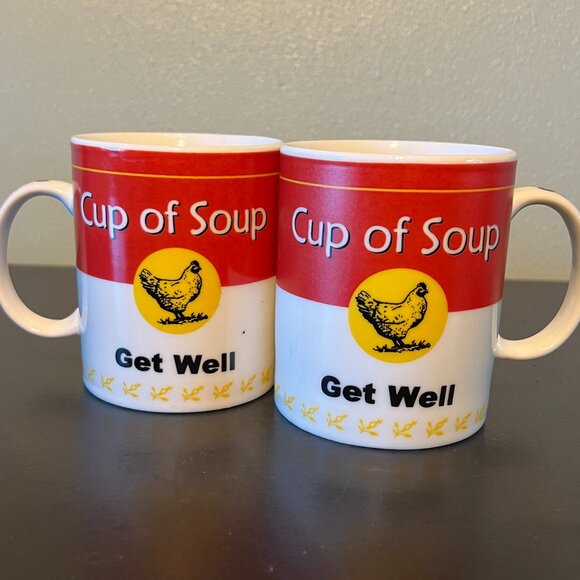 Set of 2 Cup of Soup Ceramic Mugs with "Get Well" Message / Chicken Soup Can - Picture 1 of 8
